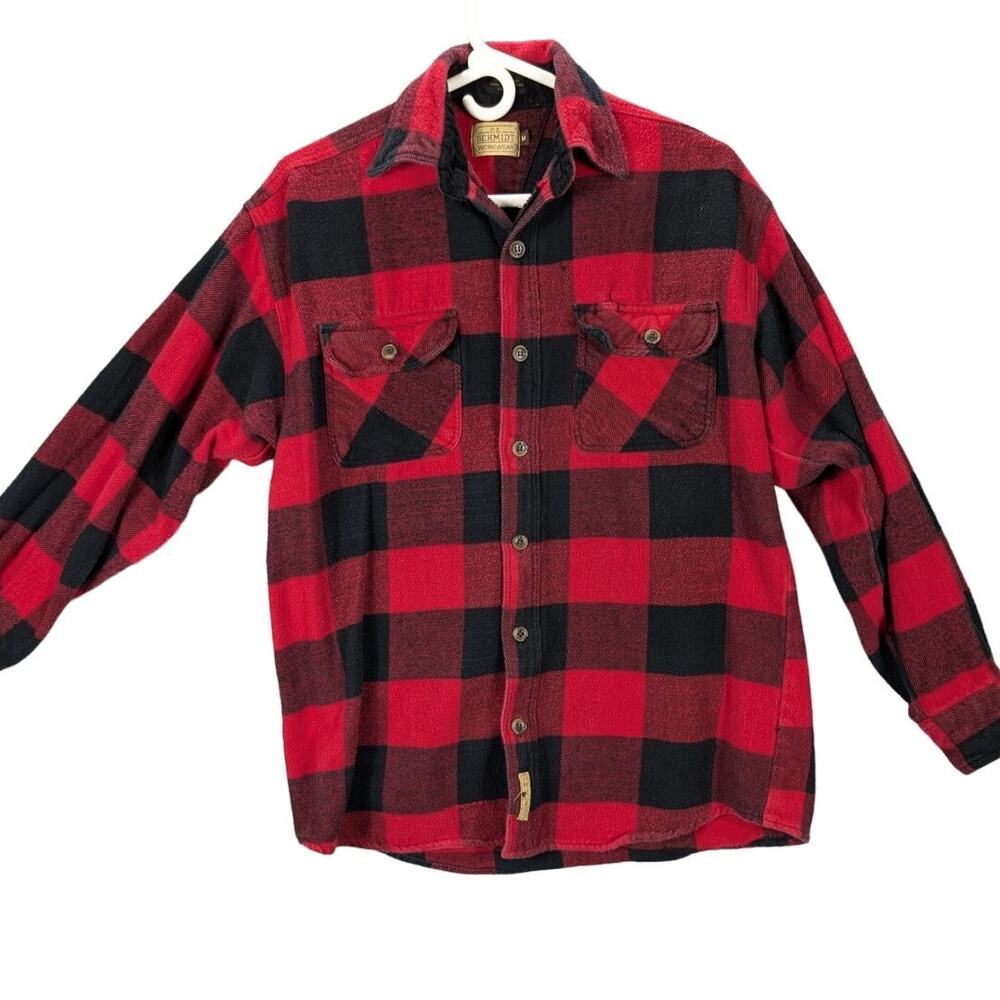 CE Schmidt Workwear Flannel Shirt Mens Medium Button Up Buffalo Plaid Distressed